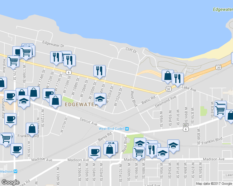 map of restaurants, bars, coffee shops, grocery stores, and more near 1278 West 102nd Street in Cleveland