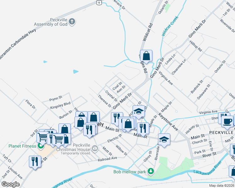map of restaurants, bars, coffee shops, grocery stores, and more near 115 Ann Street in Blakely