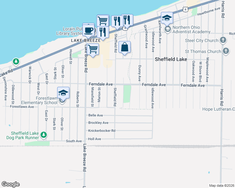 map of restaurants, bars, coffee shops, grocery stores, and more near 835 Sheffield Road in Sheffield Lake