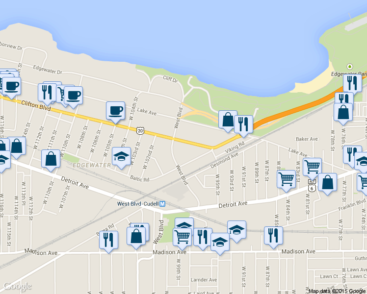map of restaurants, bars, coffee shops, grocery stores, and more near 9803 Clifton Boulevard in Cleveland