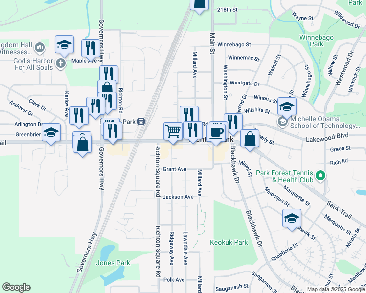 map of restaurants, bars, coffee shops, grocery stores, and more near 3705 Sauk Trail in Richton Park