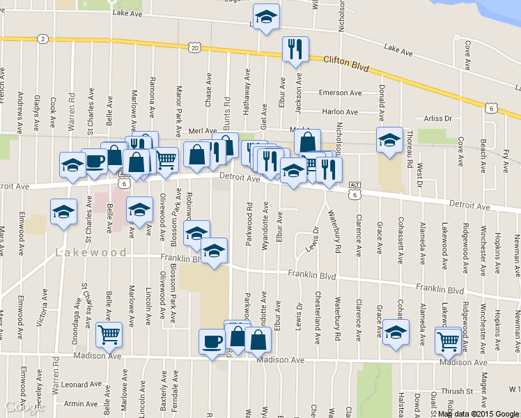 map of restaurants, bars, coffee shops, grocery stores, and more near 1444 Wyandotte Ave in Lakewood