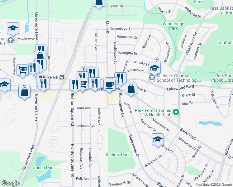 map of restaurants, bars, coffee shops, grocery stores, and more near 401 Blackhawk Drive in Park Forest