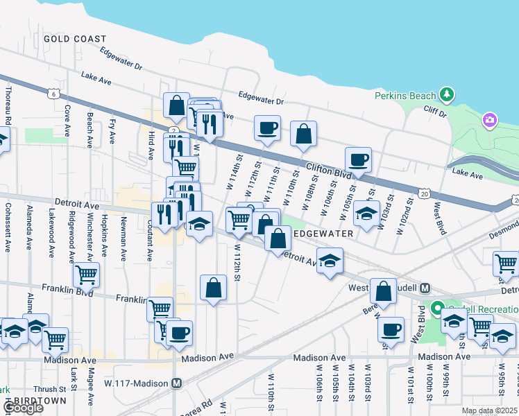 map of restaurants, bars, coffee shops, grocery stores, and more near 1338 West 111th Street in Cleveland