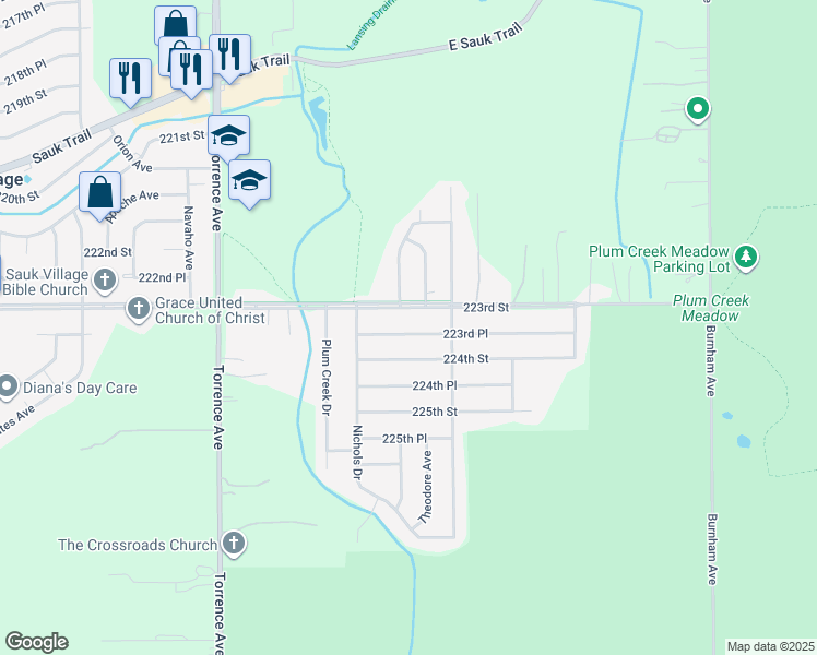 map of restaurants, bars, coffee shops, grocery stores, and more near 2907 223rd Place in Sauk Village