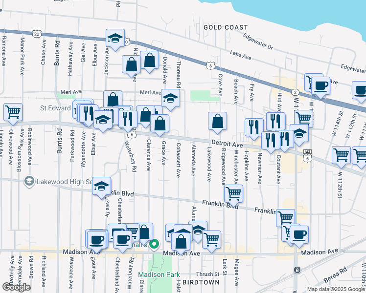 map of restaurants, bars, coffee shops, grocery stores, and more near 1417 Cohassett Avenue in Lakewood