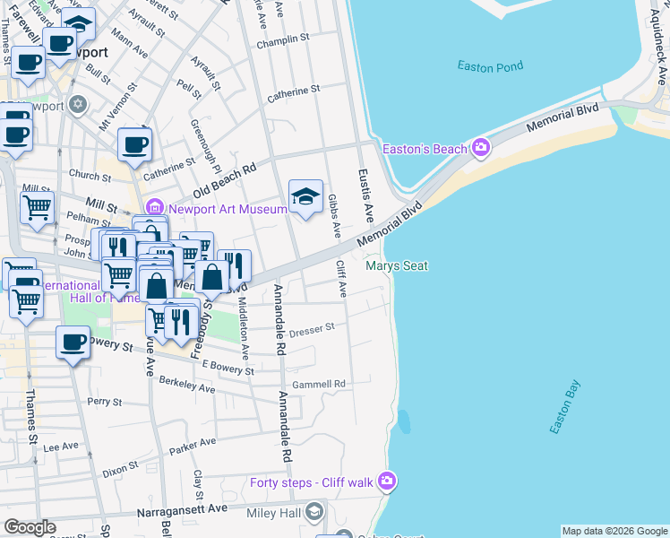 map of restaurants, bars, coffee shops, grocery stores, and more near 2 Cliff Avenue in Newport
