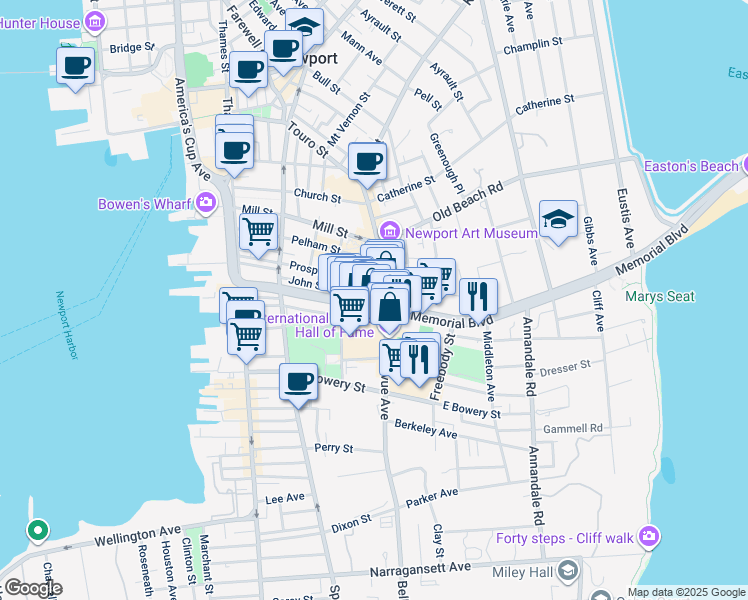 map of restaurants, bars, coffee shops, grocery stores, and more near 152 Bellevue Avenue in Newport