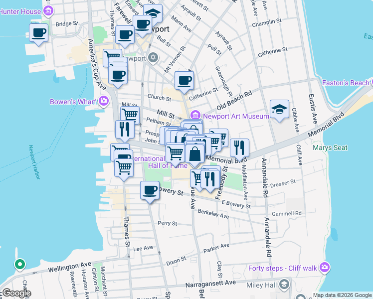 map of restaurants, bars, coffee shops, grocery stores, and more near 152 Bellevue Avenue in Newport