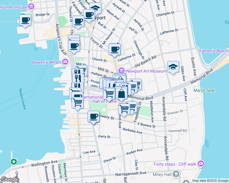 map of restaurants, bars, coffee shops, grocery stores, and more near 83 John Street in Newport