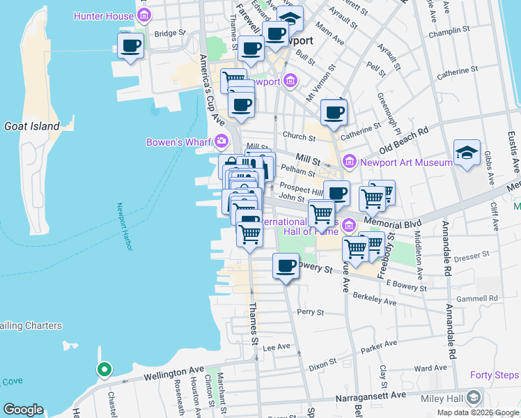 map of restaurants, bars, coffee shops, grocery stores, and more near in Newport