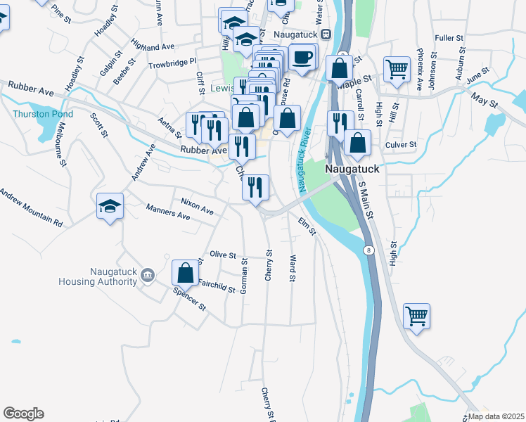 map of restaurants, bars, coffee shops, grocery stores, and more near 8 Scott Street in Naugatuck