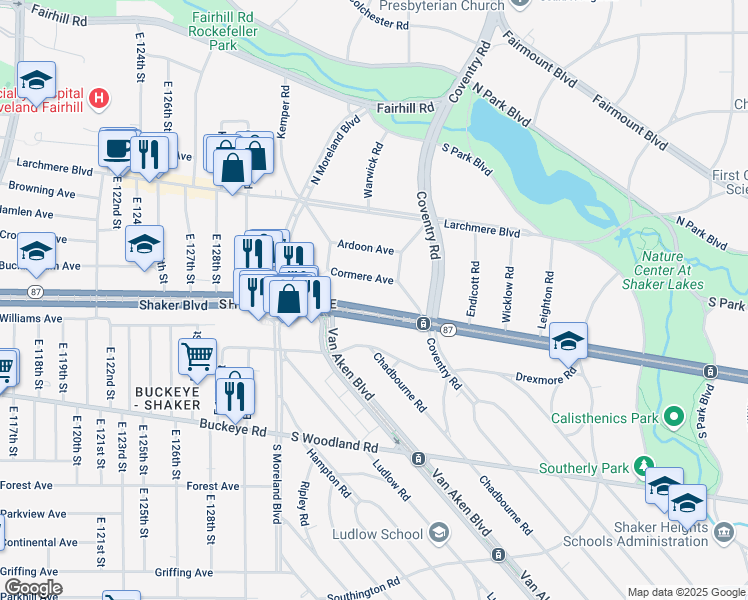 map of restaurants, bars, coffee shops, grocery stores, and more near 13705 Shaker Boulevard in Cleveland