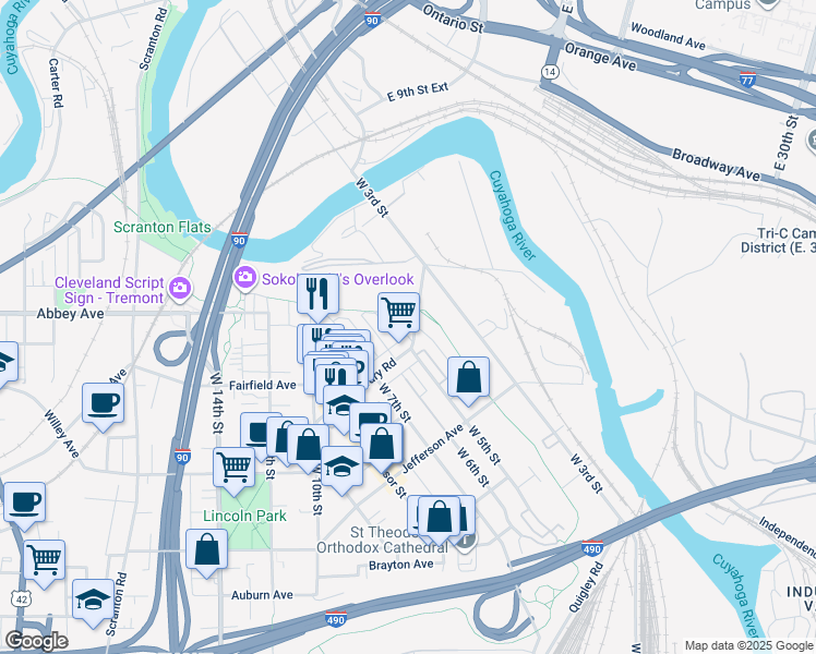map of restaurants, bars, coffee shops, grocery stores, and more near 2175 West 5th Street in Cleveland