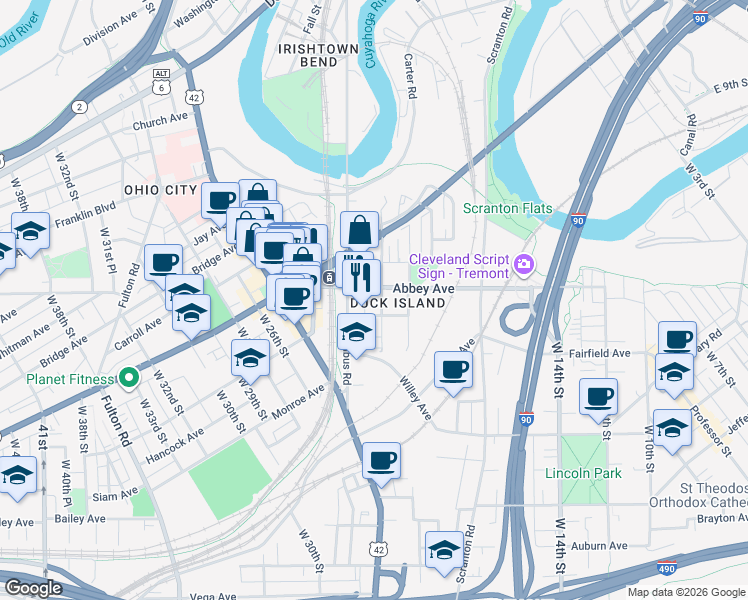 map of restaurants, bars, coffee shops, grocery stores, and more near 2136 West 20th Street in Cleveland