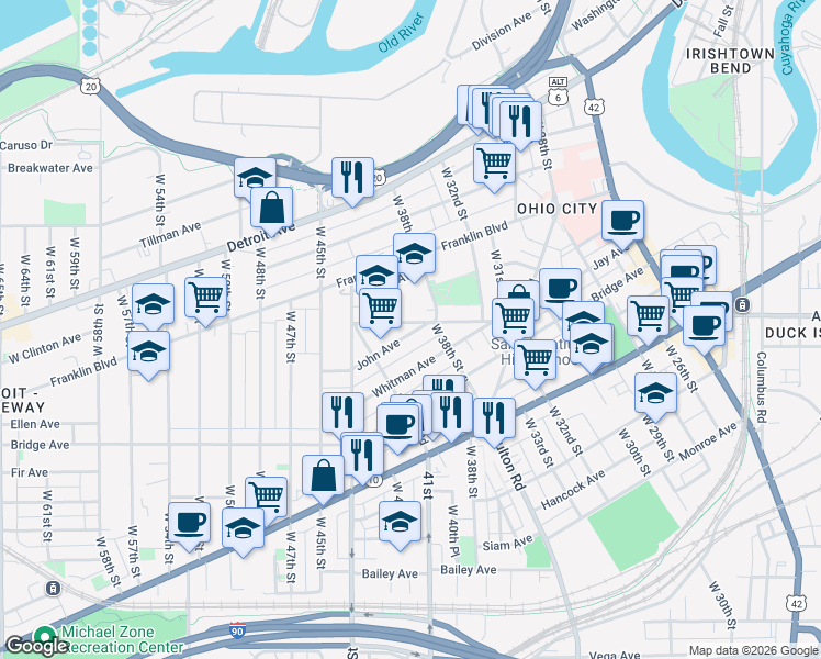 map of restaurants, bars, coffee shops, grocery stores, and more near 3905 Woodbine Avenue in Cleveland
