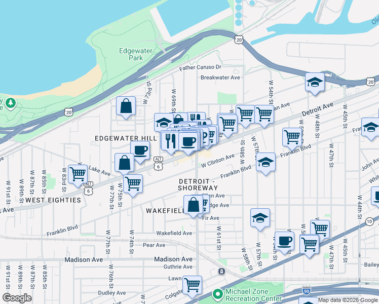 map of restaurants, bars, coffee shops, grocery stores, and more near 6516 Detroit Avenue in Cleveland
