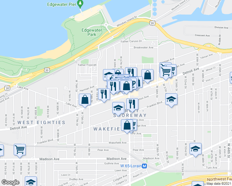 map of restaurants, bars, coffee shops, grocery stores, and more near 1379 West 69th Street in Cleveland