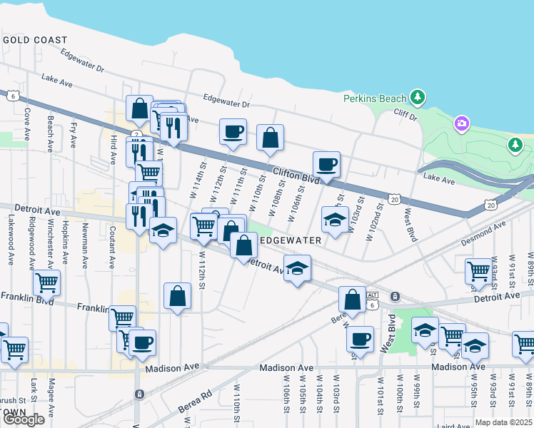 map of restaurants, bars, coffee shops, grocery stores, and more near 1315 West 108th Street in Cleveland