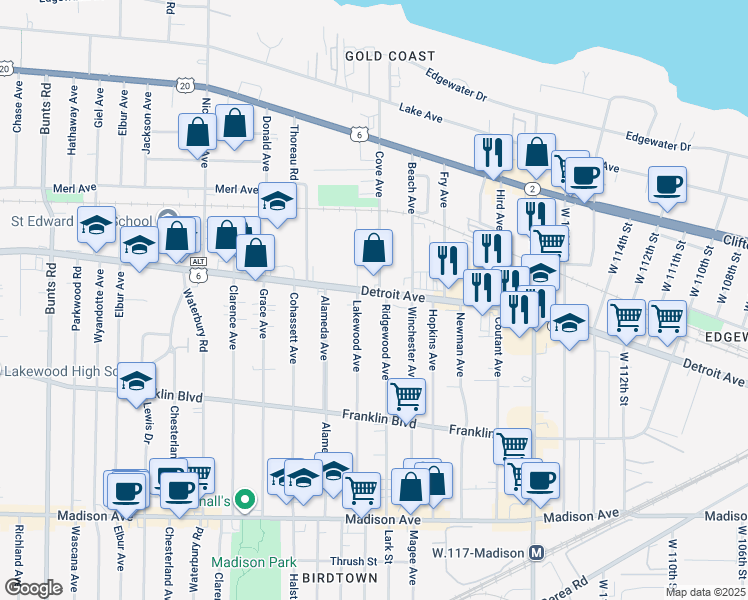 map of restaurants, bars, coffee shops, grocery stores, and more near 12503 Detroit Avenue in Lakewood