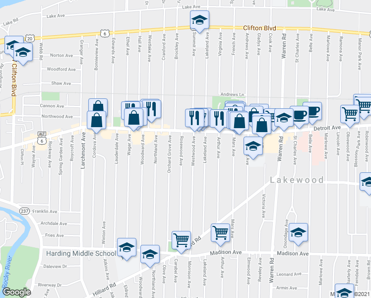 map of restaurants, bars, coffee shops, grocery stores, and more near 1436 Rosewood Avenue in Lakewood