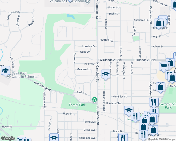 map of restaurants, bars, coffee shops, grocery stores, and more near 551 Meadow Lane in Valparaiso