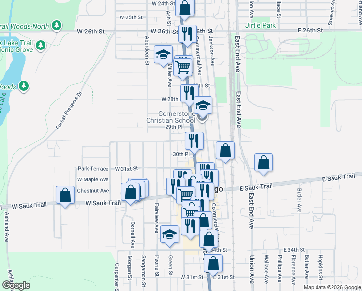 map of restaurants, bars, coffee shops, grocery stores, and more near 86 30th Street in South Chicago Heights