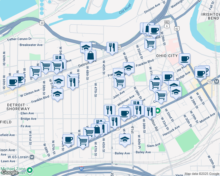 map of restaurants, bars, coffee shops, grocery stores, and more near 1826 West 44th Street in Cleveland