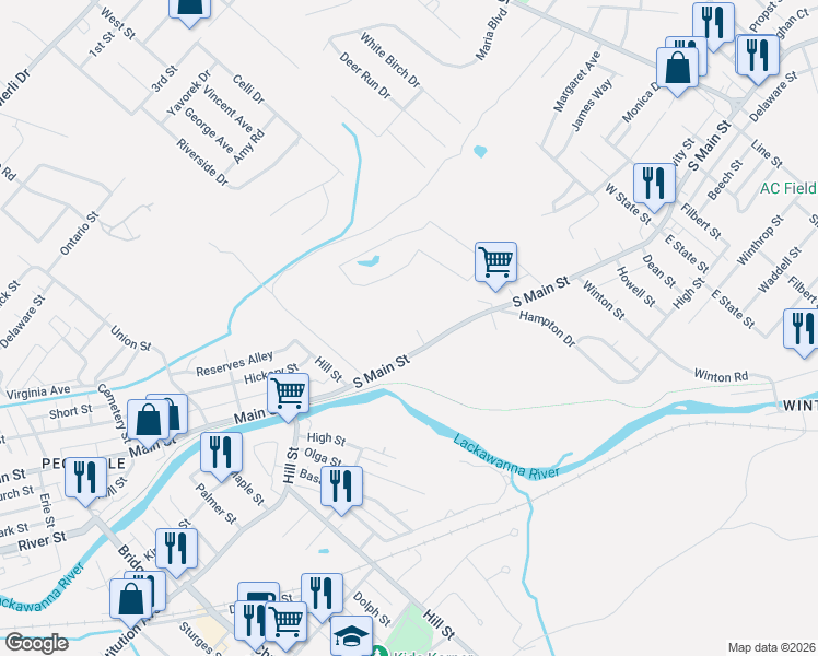 map of restaurants, bars, coffee shops, grocery stores, and more near 2-98 South Street in Archbald
