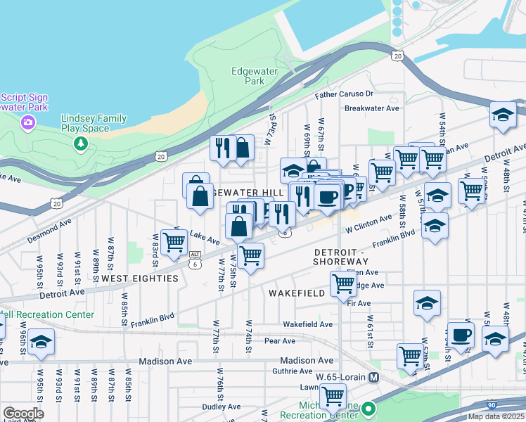 map of restaurants, bars, coffee shops, grocery stores, and more near 1358 West 73rd Street in Cleveland