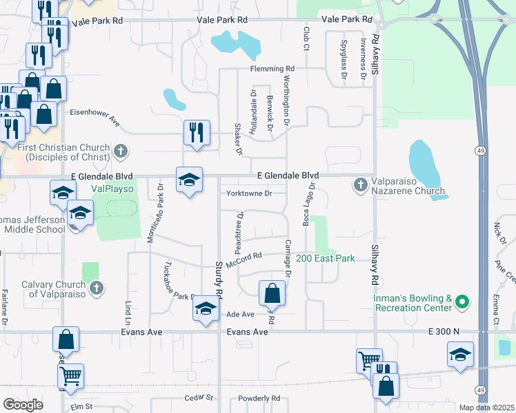map of restaurants, bars, coffee shops, grocery stores, and more near 1709 Peachtree Drive in Valparaiso