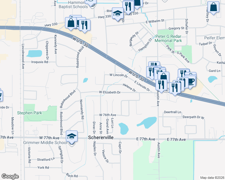 map of restaurants, bars, coffee shops, grocery stores, and more near 36 West Elizabeth Drive in Schererville