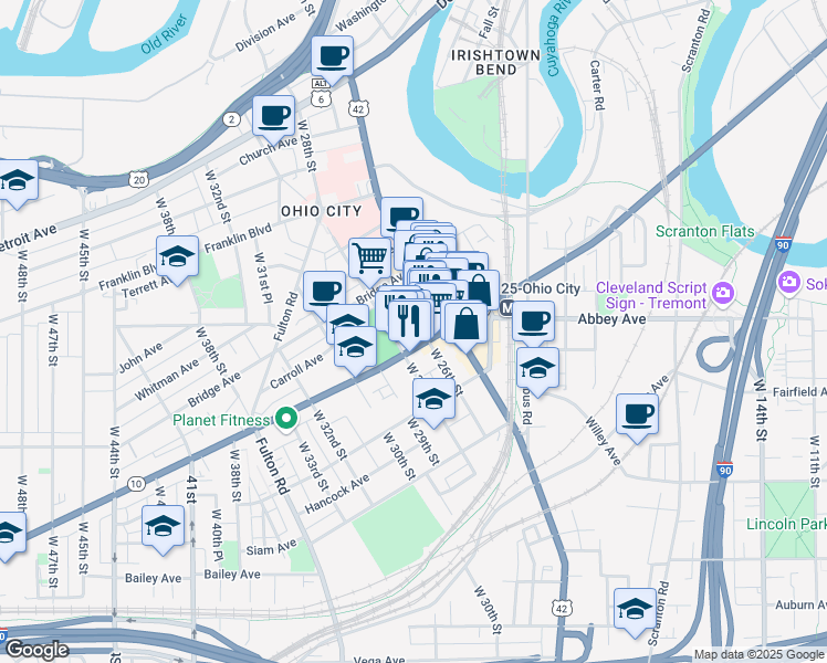 map of restaurants, bars, coffee shops, grocery stores, and more near 1964 West 26th Street in Cleveland