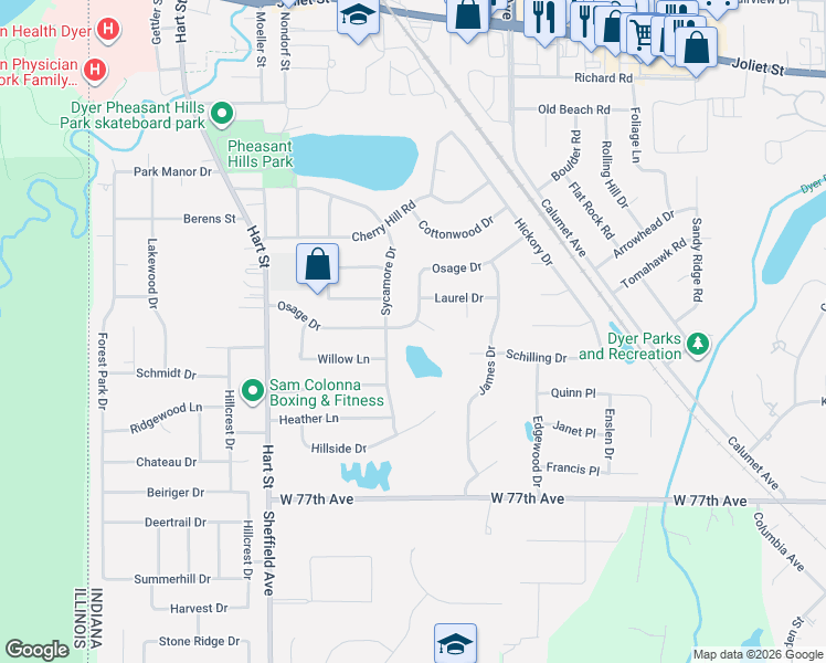 map of restaurants, bars, coffee shops, grocery stores, and more near 2617 Osage Drive in Dyer