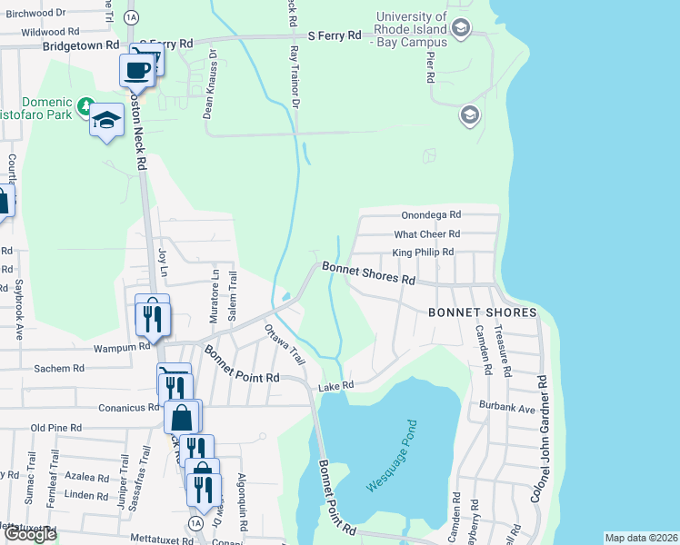 map of restaurants, bars, coffee shops, grocery stores, and more near 137 Bonnet Shores Road in Narragansett