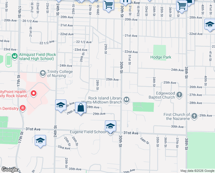 map of restaurants, bars, coffee shops, grocery stores, and more near 2531 29th St in Rock Island