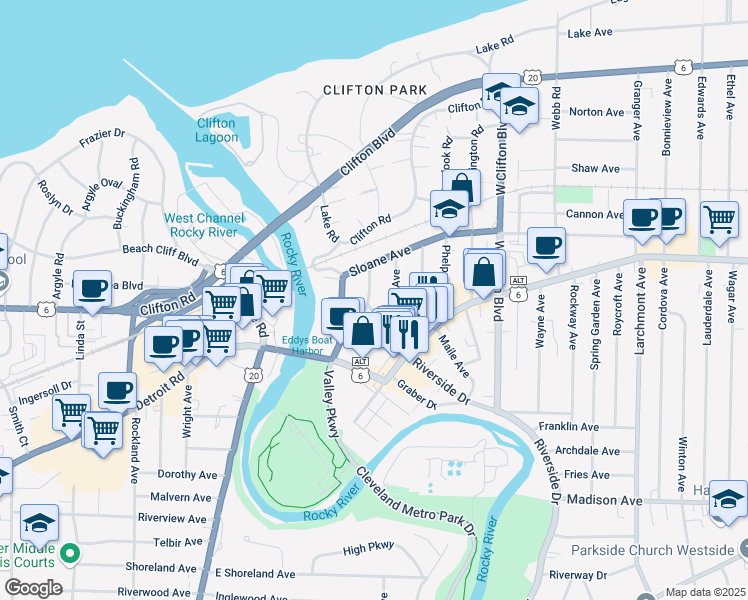 map of restaurants, bars, coffee shops, grocery stores, and more near 1319 Edanola Avenue in Lakewood