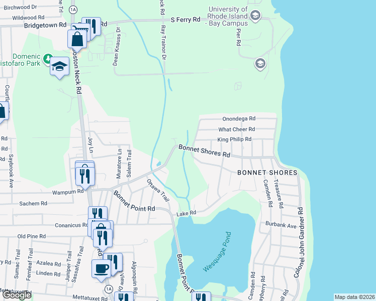map of restaurants, bars, coffee shops, grocery stores, and more near 137 Bonnet Shores Road in Narragansett