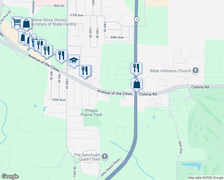 map of restaurants, bars, coffee shops, grocery stores, and more near 1201 Avenue of the Cities in East Moline