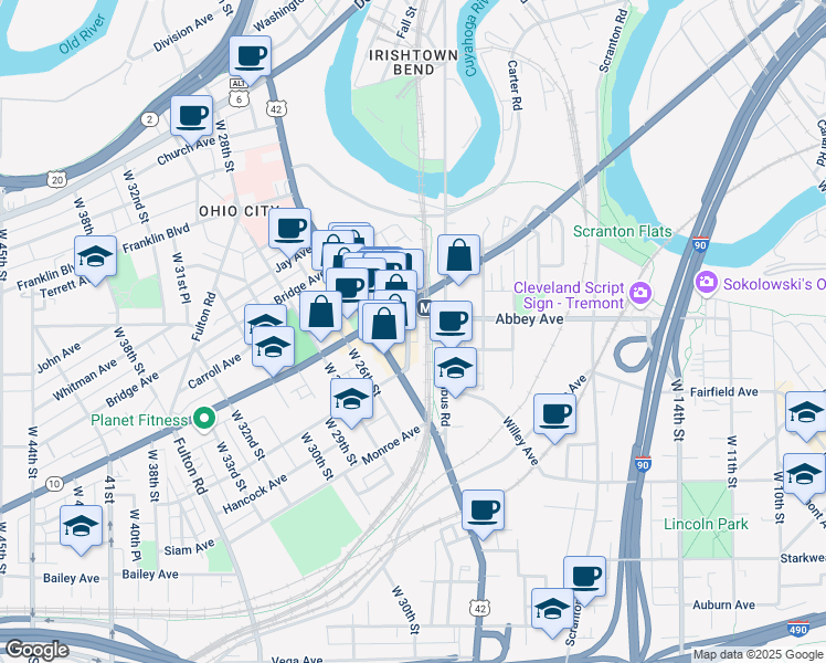 map of restaurants, bars, coffee shops, grocery stores, and more near 2061 Gehring Avenue in Cleveland