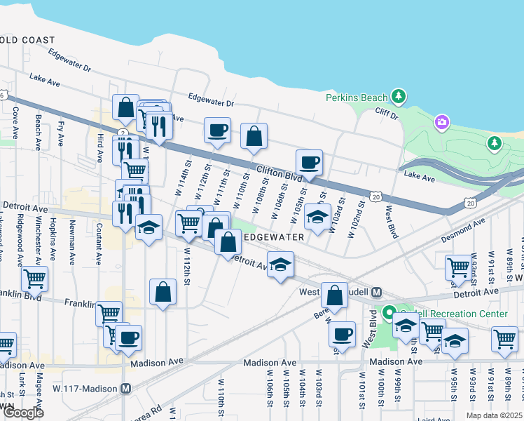 map of restaurants, bars, coffee shops, grocery stores, and more near 1315 West 108th Street in Cleveland