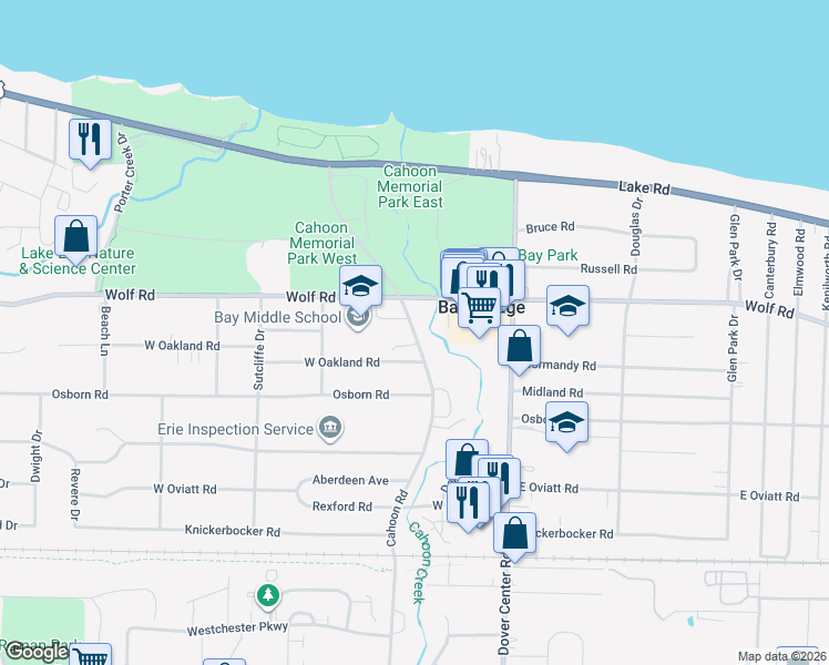 map of restaurants, bars, coffee shops, grocery stores, and more near 491 Cahoon Road in Bay Village