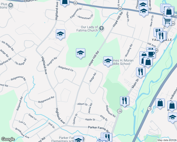 map of restaurants, bars, coffee shops, grocery stores, and more near 115 Hope Hill Road in Wallingford