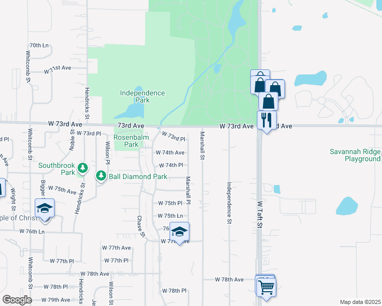 map of restaurants, bars, coffee shops, grocery stores, and more near 7403 Marshall Place in Merrillville
