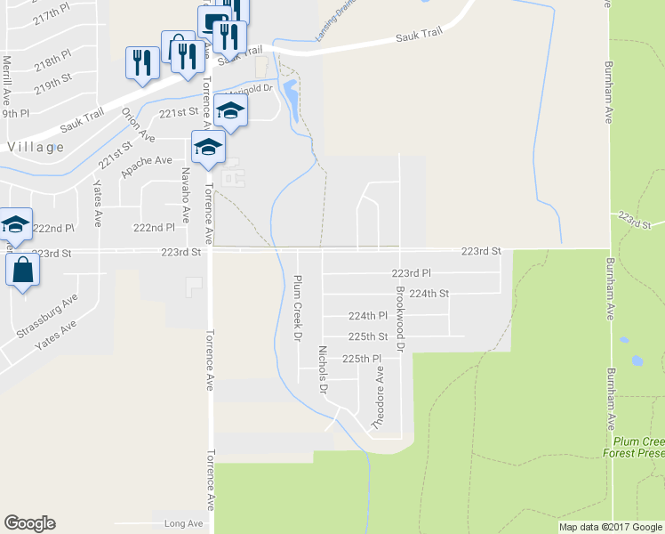 map of restaurants, bars, coffee shops, grocery stores, and more near 2831 223rd Place in Sauk Village
