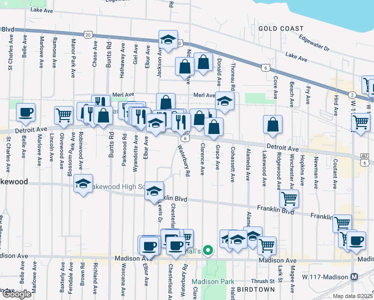 map of restaurants, bars, coffee shops, grocery stores, and more near 1431 Waterbury Road in Lakewood