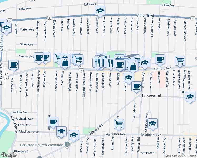 map of restaurants, bars, coffee shops, grocery stores, and more near 1437 Westwood Avenue in Lakewood