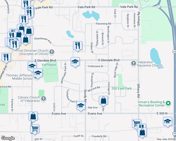map of restaurants, bars, coffee shops, grocery stores, and more near 2003 Chamblee Drive in Valparaiso