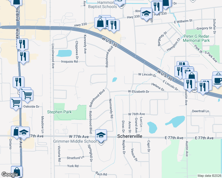 map of restaurants, bars, coffee shops, grocery stores, and more near 2109 Normandy Road in Schererville