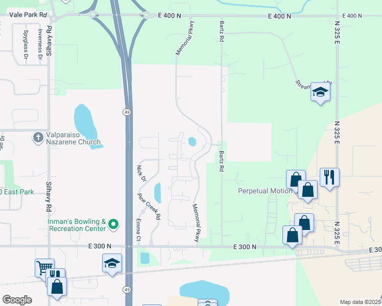 map of restaurants, bars, coffee shops, grocery stores, and more near 1705 Lake Michigan Drive in Valparaiso